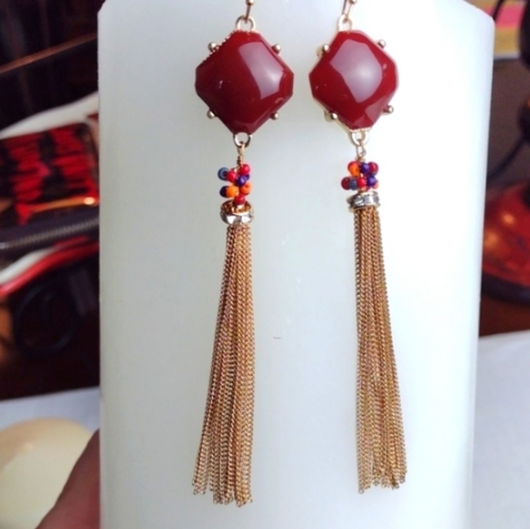 Mia Collection Gold Tone Bordeaux Stone Rhinestone Chain Fringe Drop Earrings - Picture 8 of 8